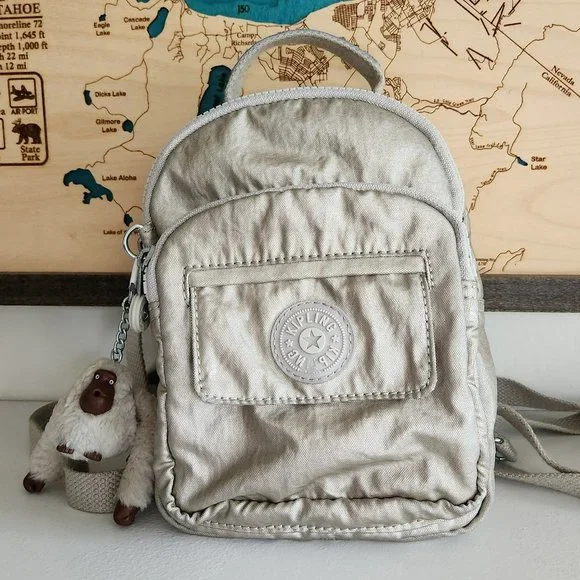 Kipling Mini Convertible Backpack Crossbody Silver Grey Metallic charm - Picture 2 of 15